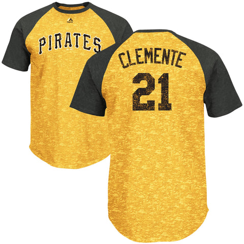 Roberto Clemente #21 Pittsburgh Pirates Majestic MLB Cooperstown Collection Gold Adult Shirt - Dino's Sports Fan Shop