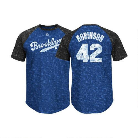 Jackie Robinson #42 Brooklyn Dodgers Majestic Cooperstown Collection Raglan Adult Shirt - Dino's Sports Fan Shop